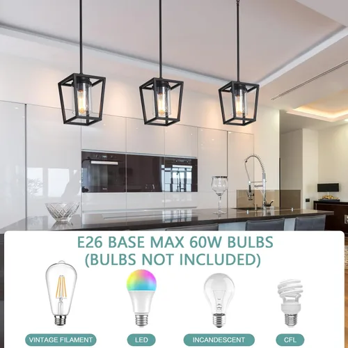 Miniatura 4 de SGLfarmty Luces colgantes negras para isla de cocina, 1 luz moderna de granja, jaula de metal ajustable, lámpara colgante con pantalla de vidrio