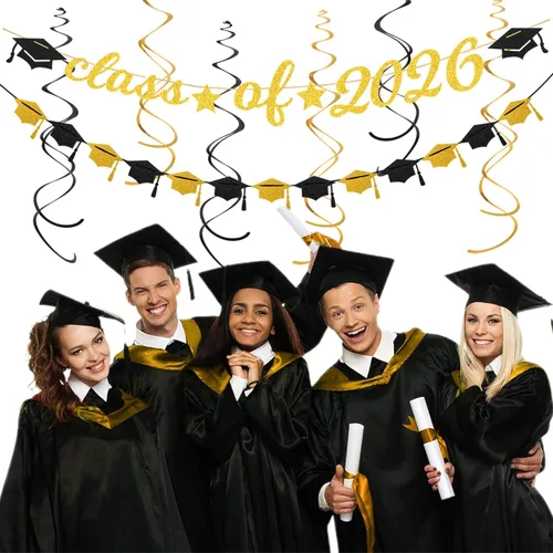 Miniatura 7 de Guirnalda de decoración de fiesta de graduación de oro negro – 36 piezas de pancarta de felicitaciones de graduación 2026, serpentinas colgantes