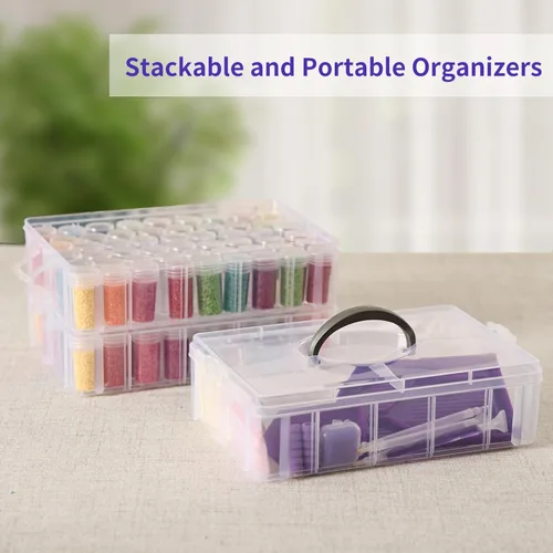 Miniatura 5 de QUEFE Contenedor de almacenamiento de pintura de diamante de 3 niveles, 100 ranuras, organizador de cuentas apilable transparente con accesorios