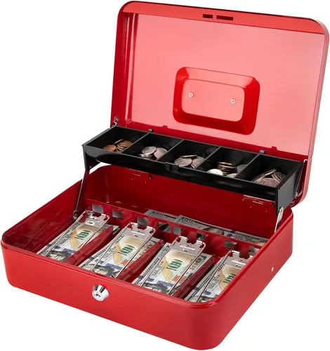 Miniatura 12 de Jssmst Caja grande de metal con cerradura con bandeja de dinero, caja de dinero con cerradura de combinación, color negro Cerradura de combinación