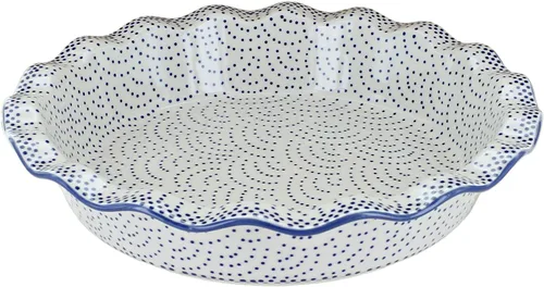 Blue Rose Polish Pottery - Plato para Tartas de Puntos Pequeños Azules - 10.5" de Diámetro - Plato de Cerámica para Hornear, Para Tartas, Quiches y
