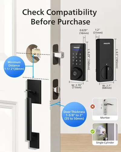 Miniatura 9 de Philips Cerradura de puerta inteligente WiFi con asa, juego de cerradura de puerta delantera Wi-Fi, juego de manijas de bloqueo de huellas