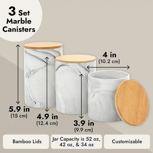 Miniatura 4 de Farmlyn Creek Juego de tarros de cerámica, tapas de madera herméticas para tarros de encimera de cocina, recipientes de cerámica de mármol blanco