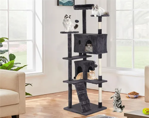 Miniatura 11 de Go Pet Club - Mueble de torre para gatos de varios niveles de 54 pulgadas de alto con poste rascador, juguetes y casa para gatos