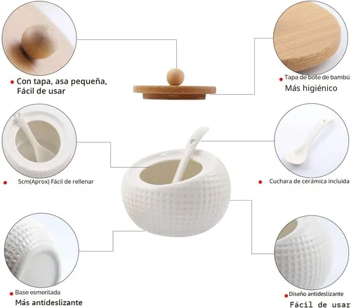Miniatura 3 de Recipiente de especias de porcelana para condimentos con tapas, soporte de tapa de bambú, cuchara de servir de cerámica, bandeja de madera, la mejor