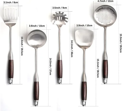 Miniatura 3 de IQCWOOD Juego de utensilios de cocina de acero inoxidable con mango de madera, 5 piezas resistentes al calor, herramienta de utensilios de cocina