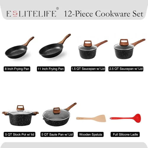Miniatura 2 de ESLITE LIFE Juego de utensilios de cocina antiadherentes, 12 piezas de ollas y sartenes con revestimiento de granito, juego de cocina, compatible