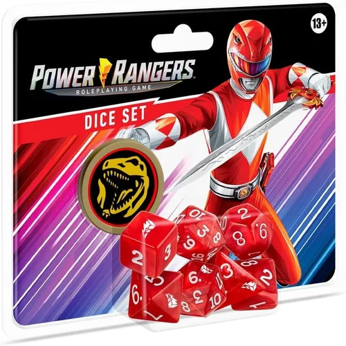 Renegade Game Studios Power Rangers RPG - Juego de dados poliédricos personalizados de 8 piezas con moneda de poder Rojo