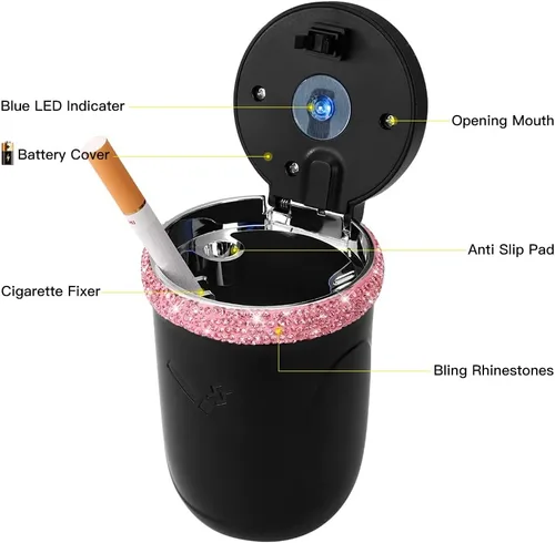 Miniatura 7 de SAVORI Cenicero de automóvil para mujeres y hombres, portavasos, portátil, sin humo, con indicador de luz LED azul, accesorios para automóvil (rosa)