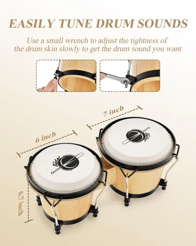 Miniatura 3 de Batería de bongó Eastar de 6" y 7" de madera, instrumento de percusión para niños, adultos y principiantes con acabado natural, EBO-1 Natural Finish