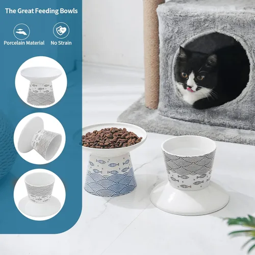 Miniatura 5 de Cuencos de cerámica extra anchos de 6.25 pulgadas para gatos, cuencos de comida y agua para gatos mayores grandes y perros pequeños, base elevada