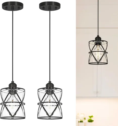 DSMJFU - Paquete de 2 luces colgantes negras, iluminación colgante ajustable de vidrio transparente moderno para cocina, isla, dormitorio, baño,
