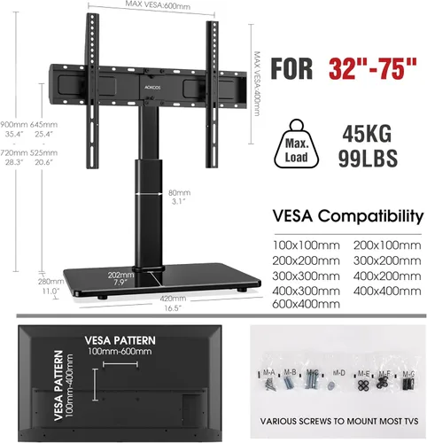 Miniatura 6 de Soporte giratorio universal para TV de 32 a 75 pulgadas con inclinación hacia arriba/abajo, soporte de mesa para TV de 8 niveles de altura ajustable