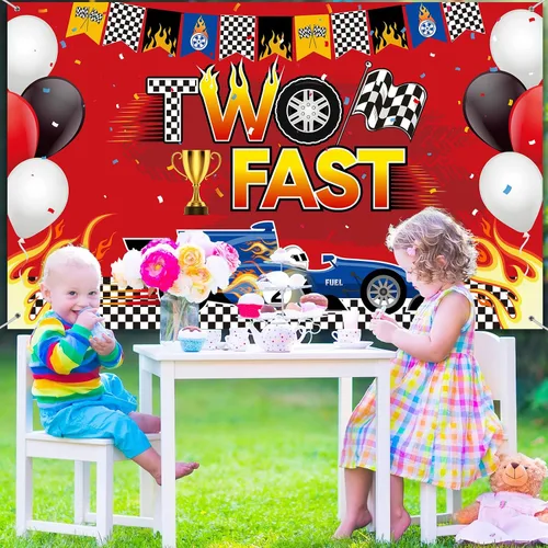 Miniatura 6 de Oudain Telón de fondo de cumpleaños con dos carteles de carreras de coches, decoración de fiesta temática de automóvil, fondo de fotos, suministros