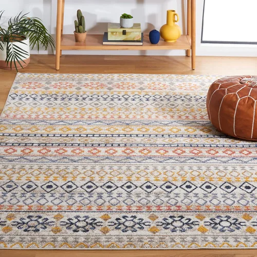SAFAVIEH Astoria Collection - Alfombra decorativa de 4 x 6 pies, color marfil y azul óxido, diseño geométrico bohemio, no desprende pelusa y de