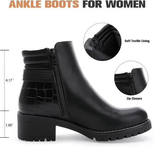 Miniatura 2 de ALLOT Botines de tacón grueso apilados para mujer, con hebilla y cremallera lateral, a la moda, con puntera cerrada