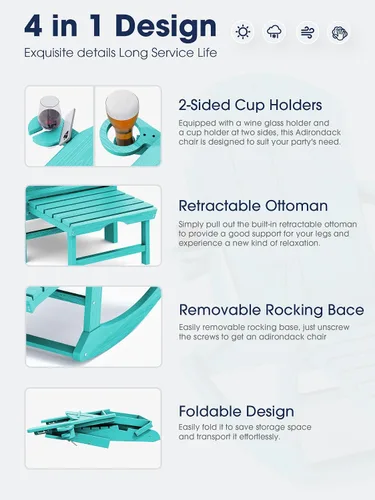 Miniatura 4 de Mecedora Adirondack de KINGYES con Otomana Retráctil y Portavasos, Silla Reclinable de Patio de HDPE Adirondack para Porche, Patio, Balcón, Azul Aqua