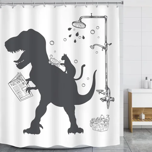 Miniatura 2 de Divertido juego de cortinas de dinosaurio para niños para baño, de tela, con diseño de dinosaurio, dino, gato, Trex, animal, raptor, silueta