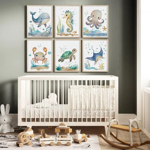 Miniatura 4 de Juego de 6 decoración de pared de animales marinos para guardería, lienzo de acuarela de océano, arte de pared para habitación de bebés y niños