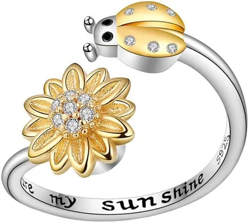 VIFE Anillos de plata esterlina S925 para ansiedad para mujer, anillo abierto ajustable, circonita cúbica 3A, abejagirasol You are My Sunshine,