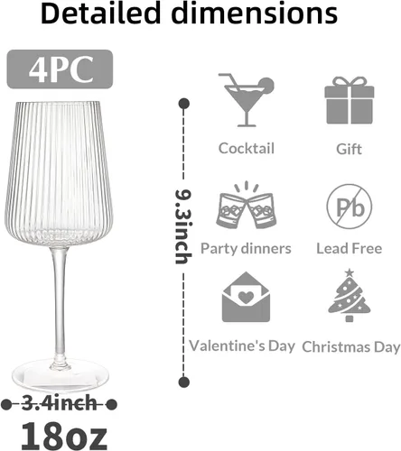 Miniatura 3 de Copas de vino acanaladas sopladas a mano con tallo, transparentes, copas de cristal sin plomo, regalo de lujo, juego de 4, únicas, copa de vino