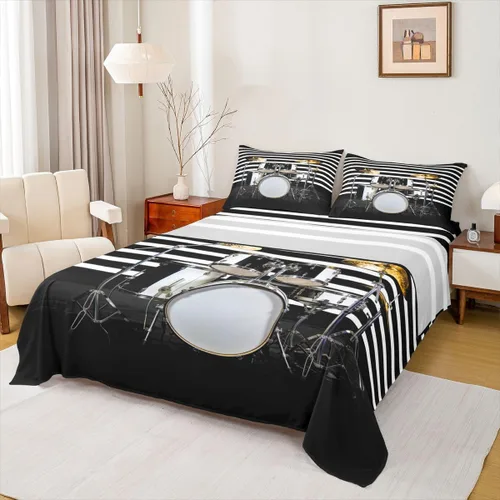 Miniatura 20 de Erosebridal Juego de sábanas tamaño individual de guitarra para niños y niñas, sábanas de teclados de piano, juego de cama con temática musical