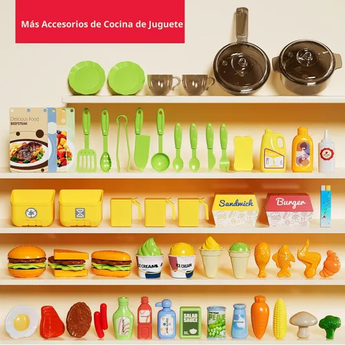 Miniatura 6 de Pupu Pig Juego de cocina para niños, cocina de juego con estufa, parrilla, fregadero, comida de juguete, accesorios de cocina, cocina con luces Play