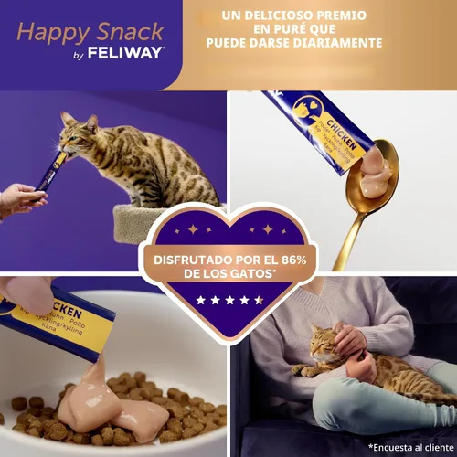 Miniatura 2 de Happy Snack de FELIWAY®, Golosinas lamibles y exprimibles en puréa para gatos para una rutina diaria de calma, hechas con pollo real, paquete de 12