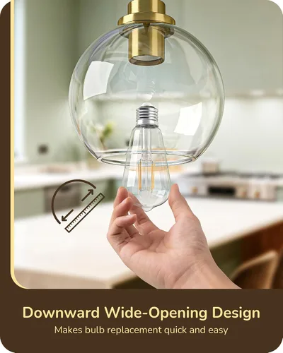 Miniatura 5 de EDISHINE Luces Colgantes para Isla de Cocina, Moderna Lámpara Colgante Dorada con Pantalla de Globo de Vidrio Transparente, Varilla de Metal Dorado