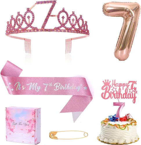 Banda y tiara de cumpleaños número 7 con vela y corona de strass, mi 7º cumpleaños, topper de pastel de feliz cumpleaños, 7 globos de papel de