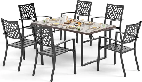 Miniatura 11 de SUNSHINE VALLEY Juego de 7 sillas de comedor para patio, material metálico, 6 sillas de comedor de color teca rectangular con agujero para sombrilla