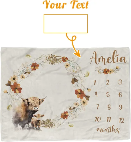 Miniatura 8 de Manta de hito mensual personalizada para bebé, nombre personalizado con fondo de fotografía de diseño de ganado de las tierras altas, manta de felpa