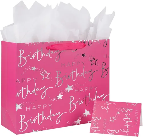 JWSCYSY Bolsa de regalo grande plateada metálica impresa con texto en inglés "Happy Birthday", bolsa de regalo de papel para mujeres y niñas, fiesta