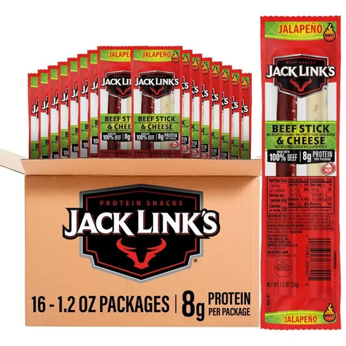 Jack Link's Jalapeño - Combo de carne y queso, paquete de aperitivos picantes, 100% palito de carne de res y queso hecho con queso real de