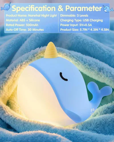 Miniatura 6 de Fuloon Narwhal - Luz nocturna con forma de ballena, lámpara de silicona blanda para niños, control táctil seguro y relajante para niños y bebés