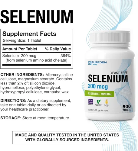 Miniatura 2 de Puregen Labs Selenio 200 mcg Mineral esencial sin levadura – 500 tabletas vegetarianas Apoyo inmunológico y antioxidante Sin OMG, sin gluten