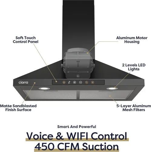 Miniatura 2 de CIARRA Campana extractora inteligente de 30 pulgadas con control de voz, compatible con Alexa/Google Home/Smart Life Assistant, campana extractora