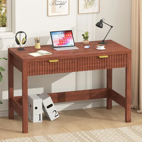 Miniatura 11 de YOMILUVE Escritorio estriado para computadora con 2 cajones, escritorio pequeño de computadora de 39 pulgadas con almacenamiento, escritorio Blanco