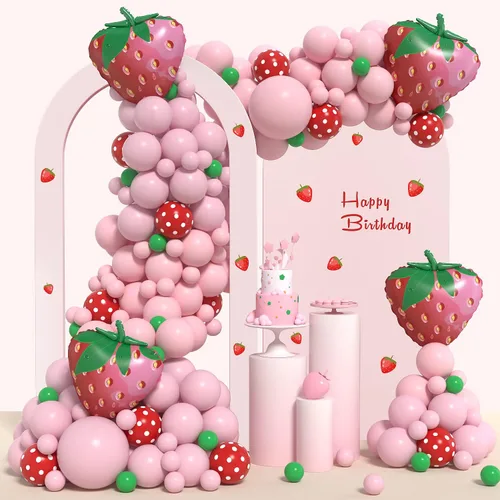 JOGAMS Kit de arco de globos de fresa, globos rojos de fresa con lunares para baby shower, suministros de fiesta de cumpleaños para niña