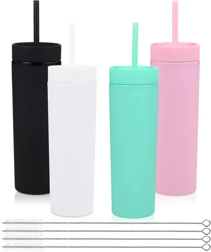 Volhoply Vaso delgado de plástico de 16 onzas con tapa y pajita, paquete de 4 unidades, vasos aislados de doble pared de acrílico mate, sin BPA,