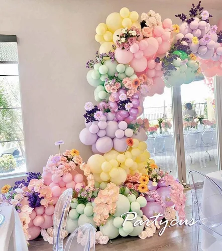 Miniatura 8 de Kit de arco de guirnalda de globos pastel de doble relleno, globos de color rosa bebé, morado, amarillo, verde, con látex lila metálico para baby