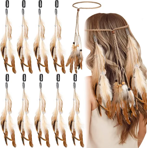 Miniatura 8 de Bencailor 10 pinzas para el pelo de plumas y diadema hippie extensiones de pelo para Halloween, disfraz de pirata indio para mujeres y niñas