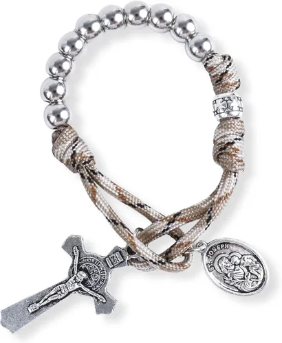 Miniatura 10 de Pulsera de oración de paracord militar fuerte de una década de Nazareth Store, cuentas plateadas, medalla de San José y cruz de San Benito