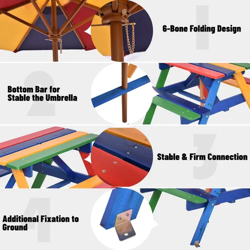 Miniatura 4 de HONEY JOY Mesa de picnic para niños, juego de mesa y banco de madera de abeto para exteriores con paraguas plegable y extraíble, mesas de picnic