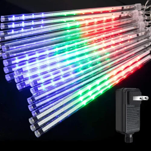 Miniatura 6 de Luces de lluvia de meteoros al aire libre, luces navideñas, 24 tubos, 576 LED, efecto de caída de nieve, lluvia en cascada, carámbanos, luz