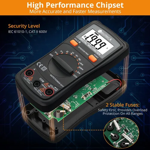 Miniatura 2 de Neoteck Multímetro digital de rango automático, medidor de voltaje Ohm de amplificador AC/DC con resistencia, continuidad, capacitancia y prueba