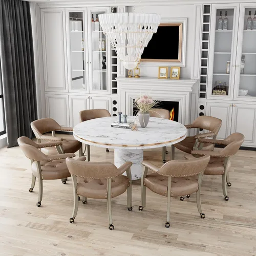 Miniatura 43 de Juego de 8 sillas de cuero de comedor con ruedas y brazos, silla de capitán Accent con ruedas, sillas de madera con ruedas enrollables para cocina