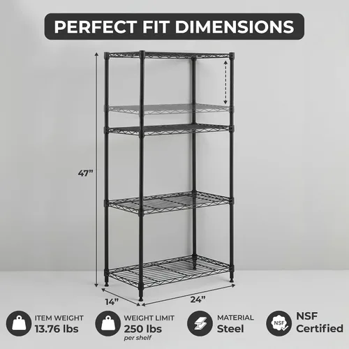 Miniatura 3 de Estantes ajustables resistentes de 4 niveles, estante de almacenamiento de metal con capacidad de estante de 250 libras, negro mate, 14 pulgadas
