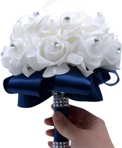 Miniatura 2 de S_SSOY Ramo de boda de cristal PE rosas para novia, dama de honor, flores de mano para fiesta, iglesia, día de San Valentín, azul marino