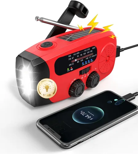 Miniatura 9 de Radio de emergencia con manivela Emgykit - Radio de emergencia solar con manivela manual AM/FM/NOAA de 2000mAh/7400mWh con 3 linternas LED, función
